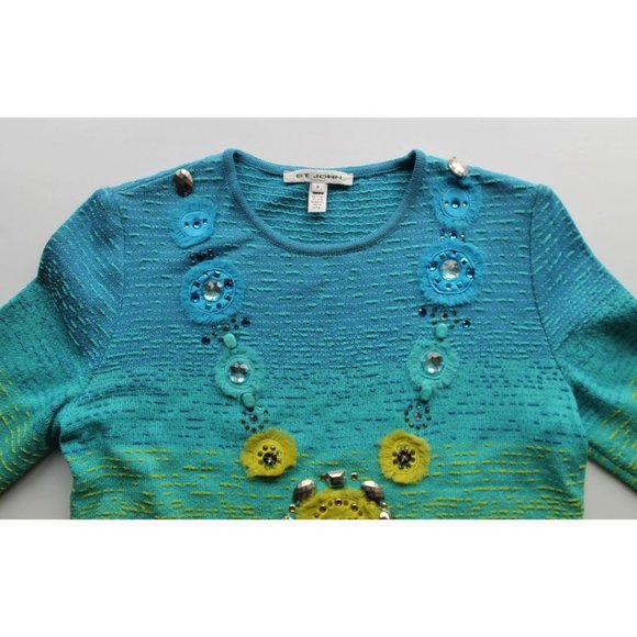 St. John Jeweled-Studded Knitted Ombre Top Size Petite XS Aqua Lime Green - Picture 6 of 7